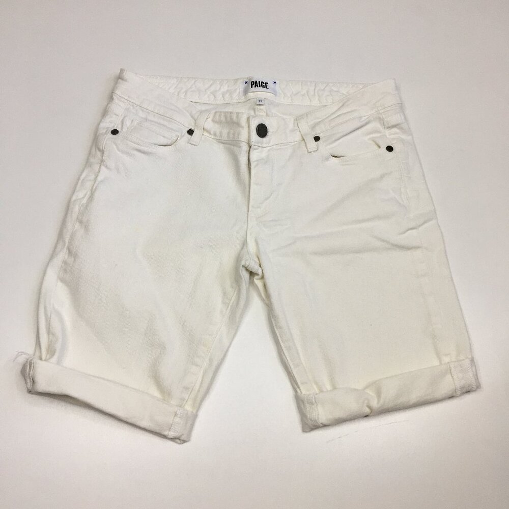 PAIGE Optic White Cuffed Hem 5 Pocket Logo Hardware Cut Offs Denim Shorts